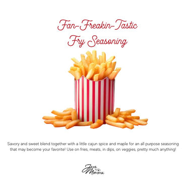 A red-and-white striped container holds golden fries, surrounded by extra fries. Above, “Fan-Freakin-Tastic Fry Seasoning 🍟” appears in red, with a Cajun seasoning description and a signature logo below.